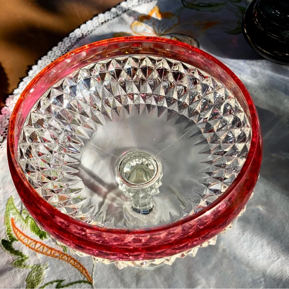Vintage Indiana Glass Diamond Cut Pedestal Compote Dish. Ruby Flashing. 7.5